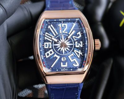 Franck Muller Vanguard Yachting V45 Black/Blue Face 54*42*15mm Leather Strap Rose Gold Watch